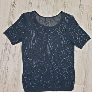 Navy Blue Loose Knit Beaded Embellished Semi- Sheer Short Sleeve Blouse